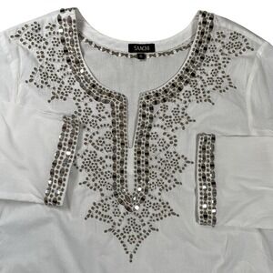 Saachi White Embroidered Tunic Top Sz XL‎ Mirror Embellishments Lightweight READ